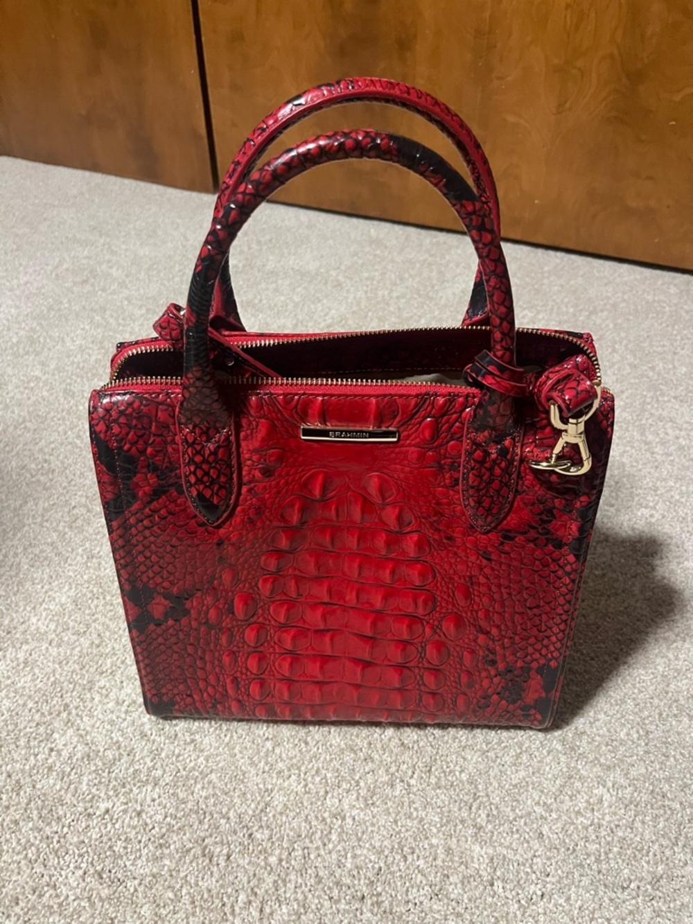 Brahmin small Caroline Red Faux-Croc Satchel with Black Accents